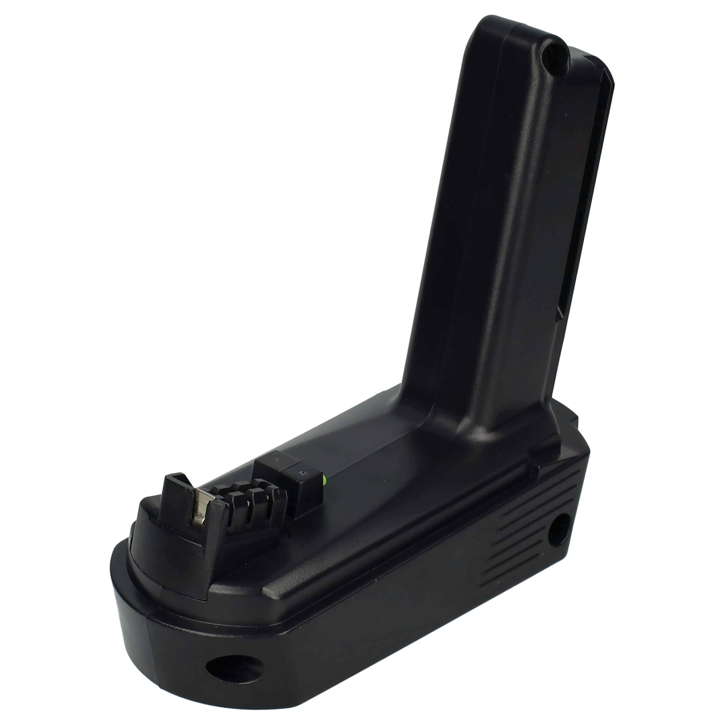 Ein schwarzer, rechteckiger, schräg angeordneter Akkuhalter mit Metallkontakten an der Basis und an den Seiten, entwickelt zum Aufladen einer spezifischen Akku-Batterie für ein Elektrowerkzeug.