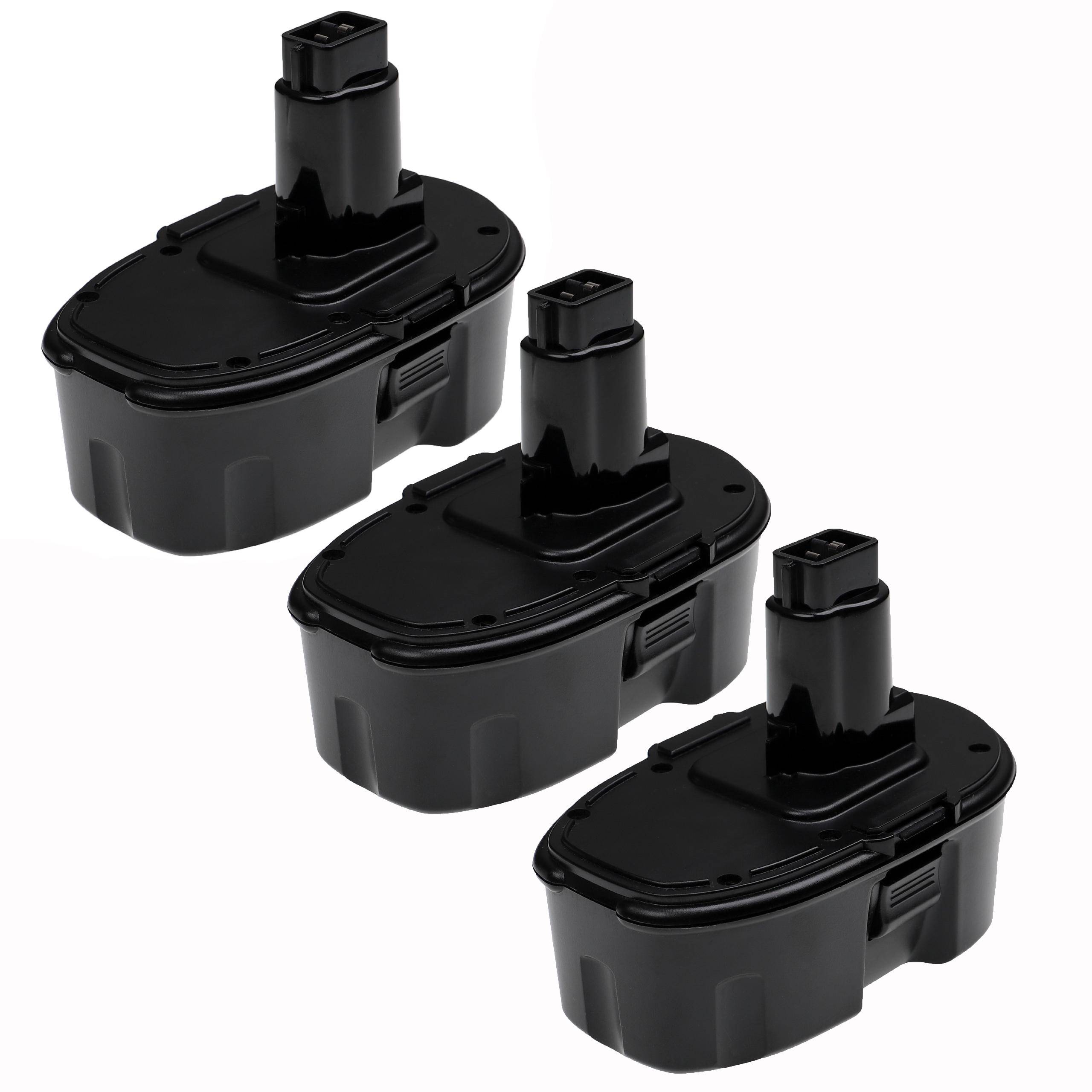 Drei schwarze, wiederaufladbare Akkus für Elektrowerkzeuge sind zu sehen, in einer Reihe angeordnet, jeder mit rechteckiger Form und einem Steckverbinder an der Oberseite.