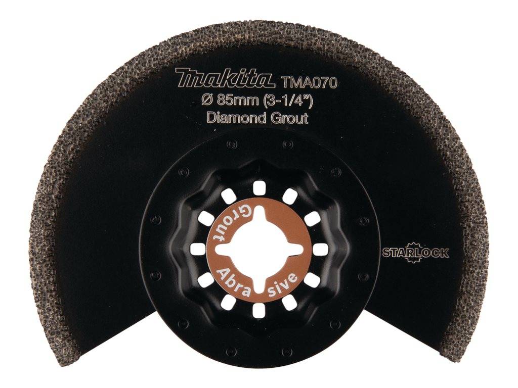 Makita TMA070 85mm Diamant-Fugensägeblatt mit Starlock-Aufnahme, von vorne auf weißem Hintergrund dargestellt.