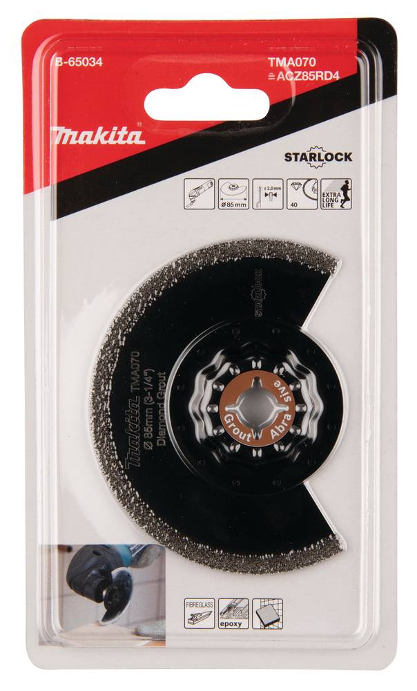 Makita Starlock Oszilliersägeblatt in Kunststoffverpackung, gekennzeichnet mit TMA070 und A-02854RD, zum Schneiden von Fugenmörtel/Schleifmaterialien.