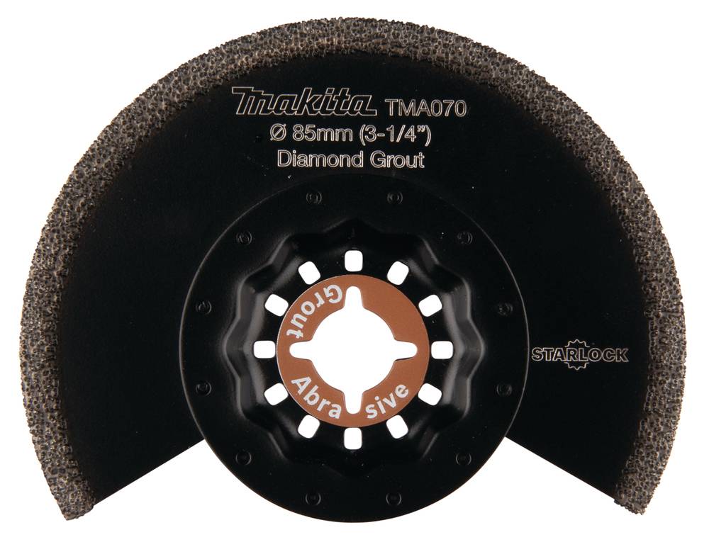 Makita TMA070 85 mm Diamant-Fugenkelle mit gekrümmter Schleifkante und Starlock-Aufnahme, Vorderansicht auf weißem Hintergrund.
