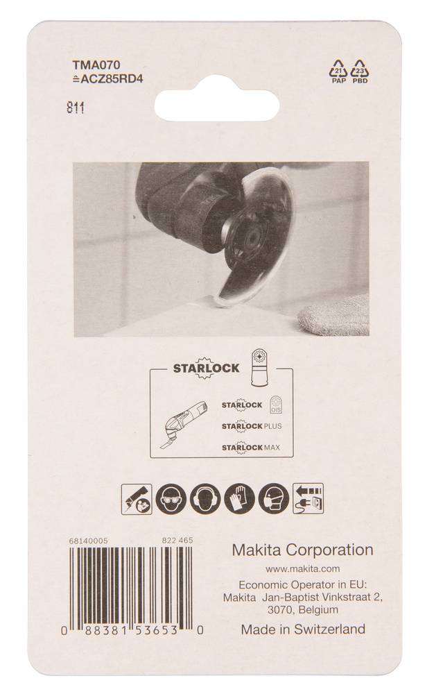 Makita Werkzeugzubehörpaket mit Bezeichnung TMA070 ACZ85RD4, mit Abbildung einer Rotationschneideklinge und STARLOCK-Kompatibilitätssymbolen.