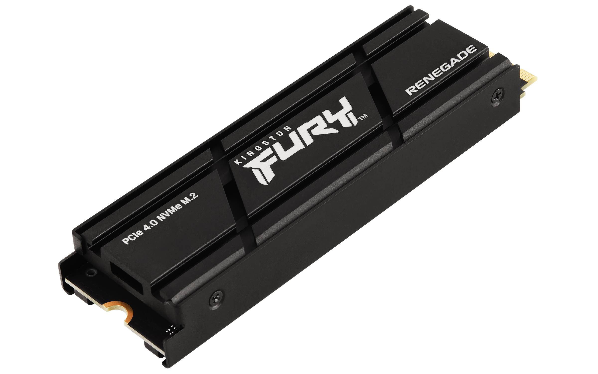 Schwarze Kingston FURY Renegade PCIe 4.0 NVMe M.2 SSD in angewinkelter Produktansicht dargestellt.