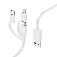 Weißes 3-in-1-Ladekabel mit USB-A und drei austauschbaren Anschlüssen: USB-C, Lightning und Micro-USB.