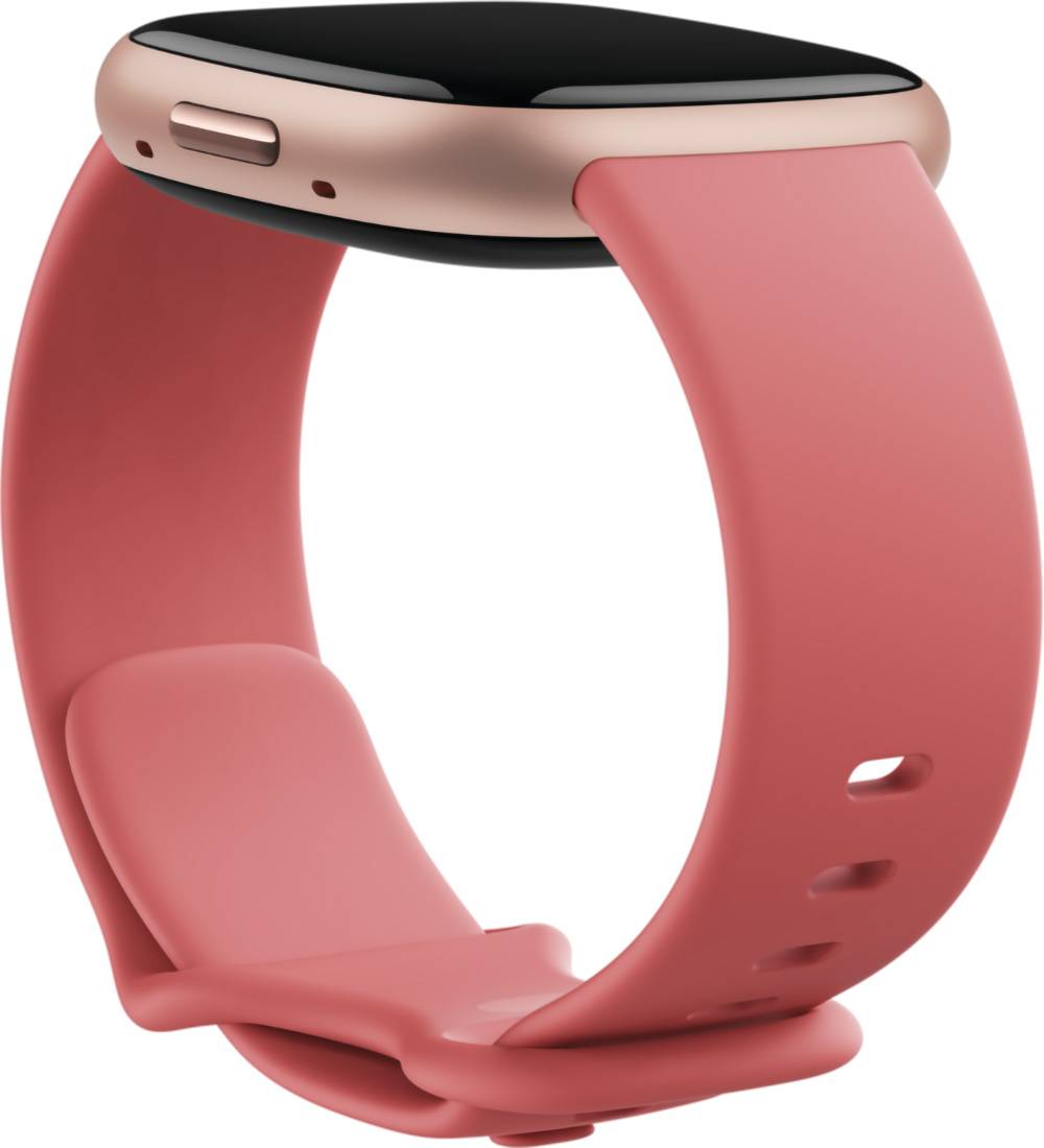 Rosa Smartwatch mit Roségold-Gehäuse und rosafarbenem Armband in Seitenansicht, zeigt die Schließe und Riemenlöcher.
