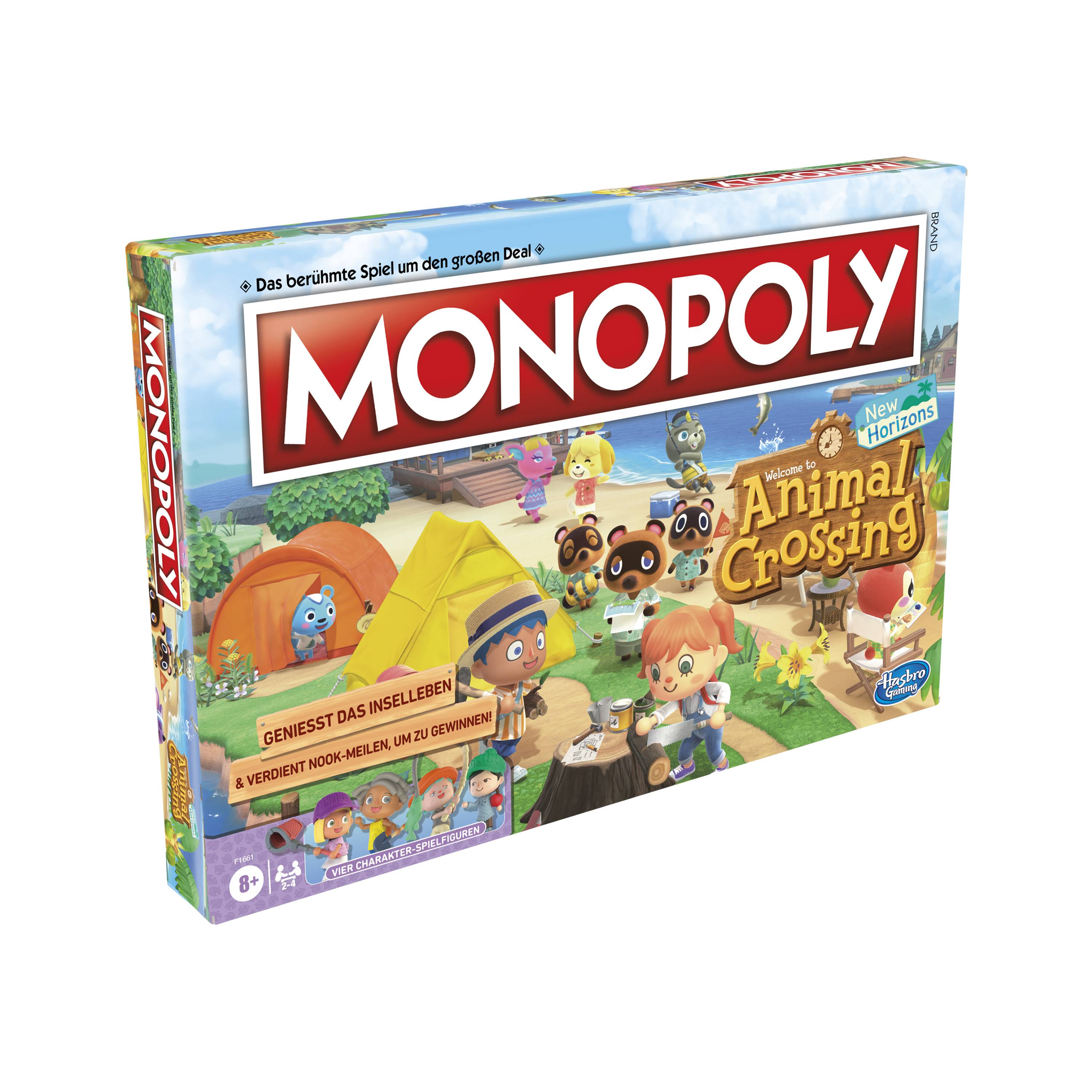 Monopoly Animal Crossing Brettspielbox mit farbenfrohen Charakteren und Zelten, zeigt das Monopoly-Logo und den Titel 