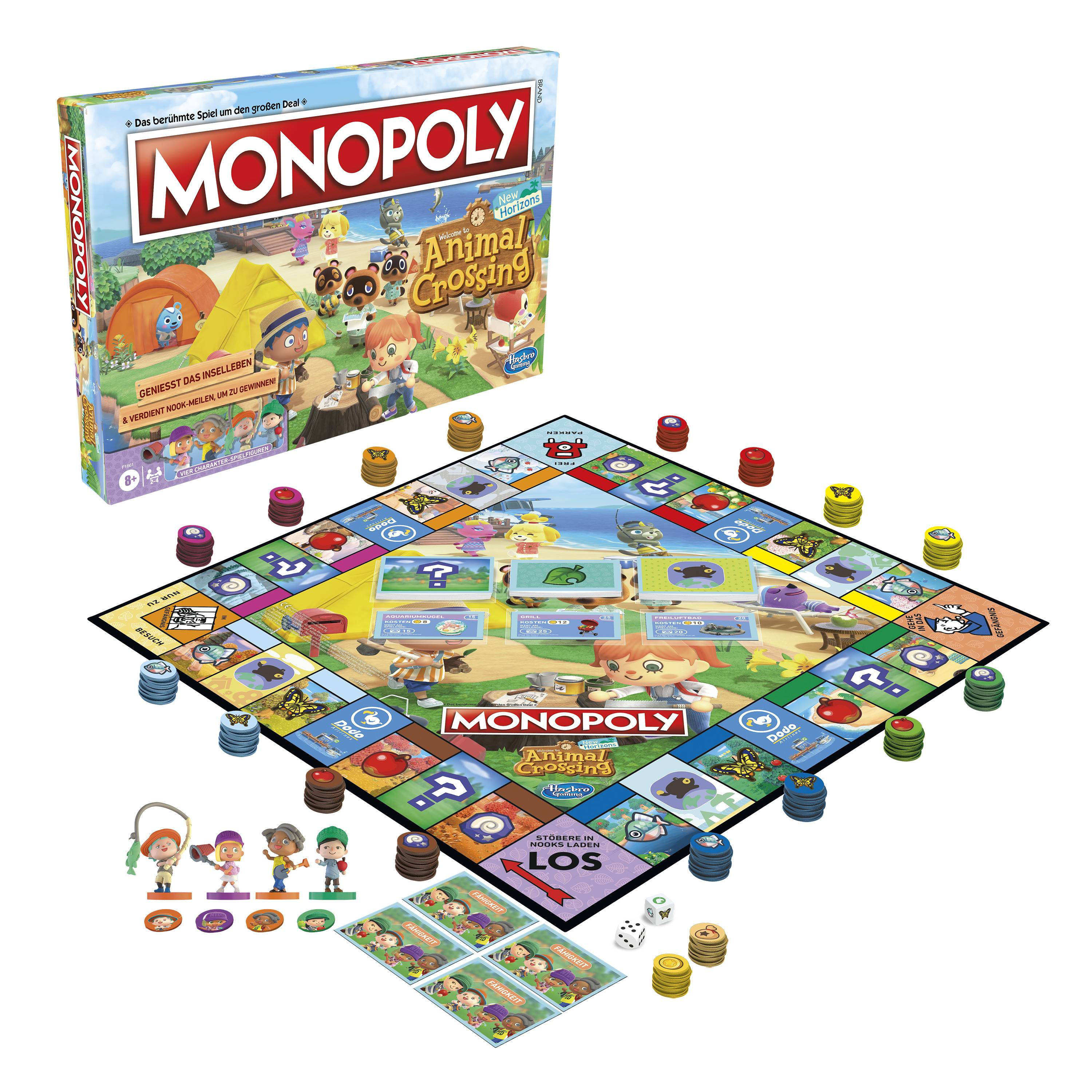 Monopoly: Animal Crossing Edition Spielset, gezeigt mit Schachtel, illustriertem Spielbrett, Karten, Spielfiguren, Würfeln und farbigen Häusern in weißem Hintergrund Produktlayout.