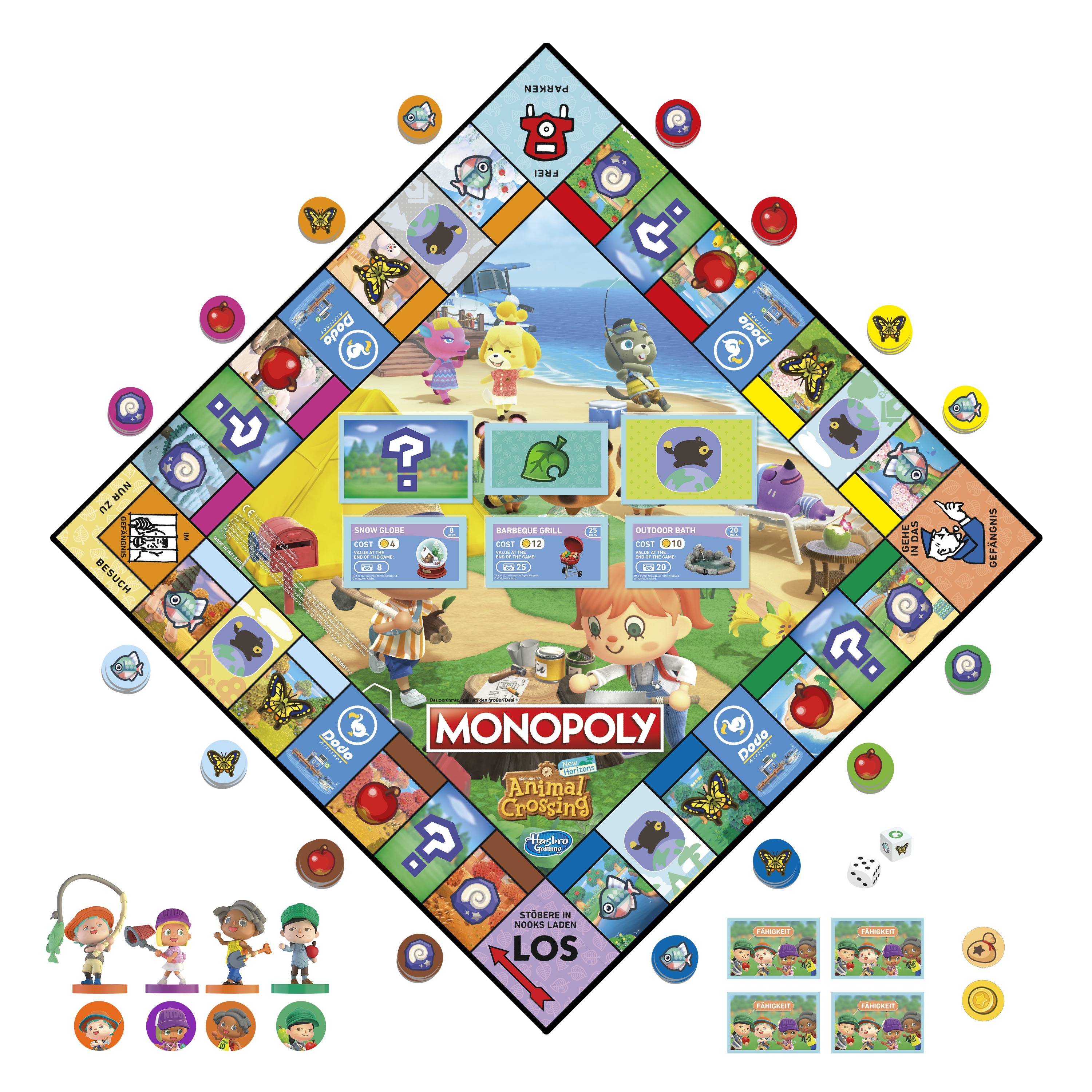 Animal Crossing-themed Monopoly-Brettspiel in diamantförmigem Layout mit Charakterkunst, Grundstücksfeldern, Spielfiguren, Würfeln und „Monopoly
