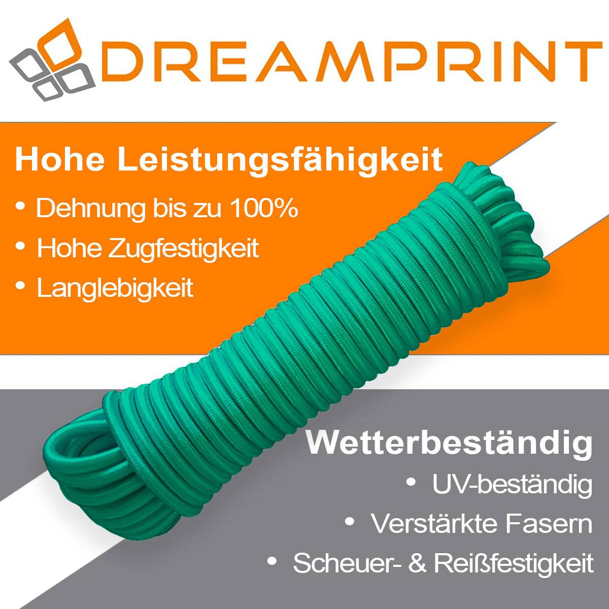 Dreamprint Expanderseil 10m Grün 8mm Ø – Gummiseil, Planenseil, elastisches Seil für Innen & Außen – Wetterfest & Reißfest – Ideal für Lad