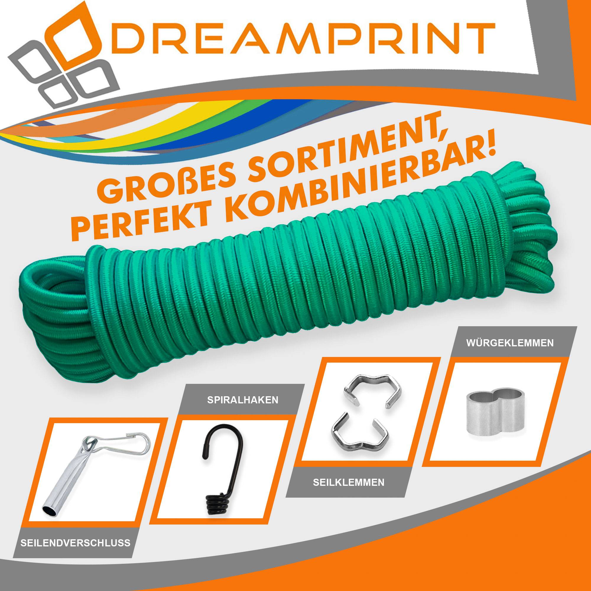 Dreamprint Expanderseil 100m Grün 8mm Ø – Gummiseil, Planenseil, elastisches Seil für Innen & Außen – Wetterfest & Reißfest – Ideal für La