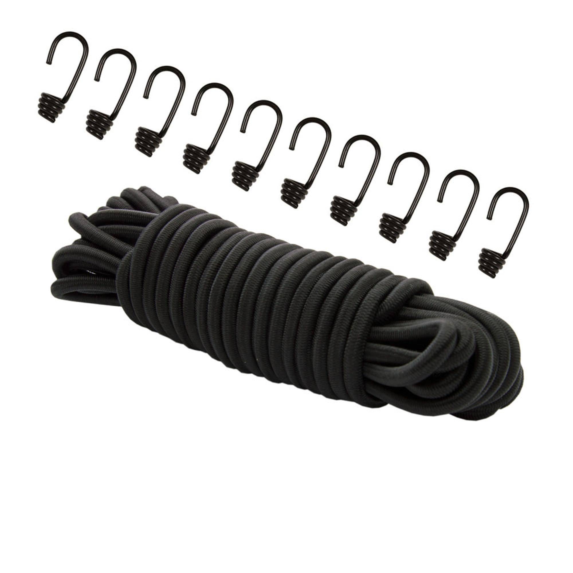 Dreamprint Expanderseil 10 m Schwarz 10 mm Gummiseil Gummischnur Spannseil Planenseil Gummileine elastisches Seil mit 10 Spiralhaken ø 10 mm