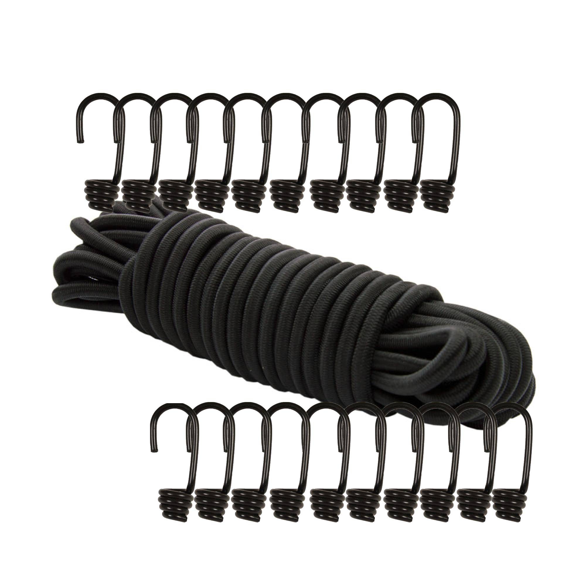 Dreamprint Expanderseil 30 m Schwarz 8 mm Gummiseil Gummischnur Spannseil Planenseil Gummileine elastisches Seil mit 20 Spiralhaken ø 8 mm