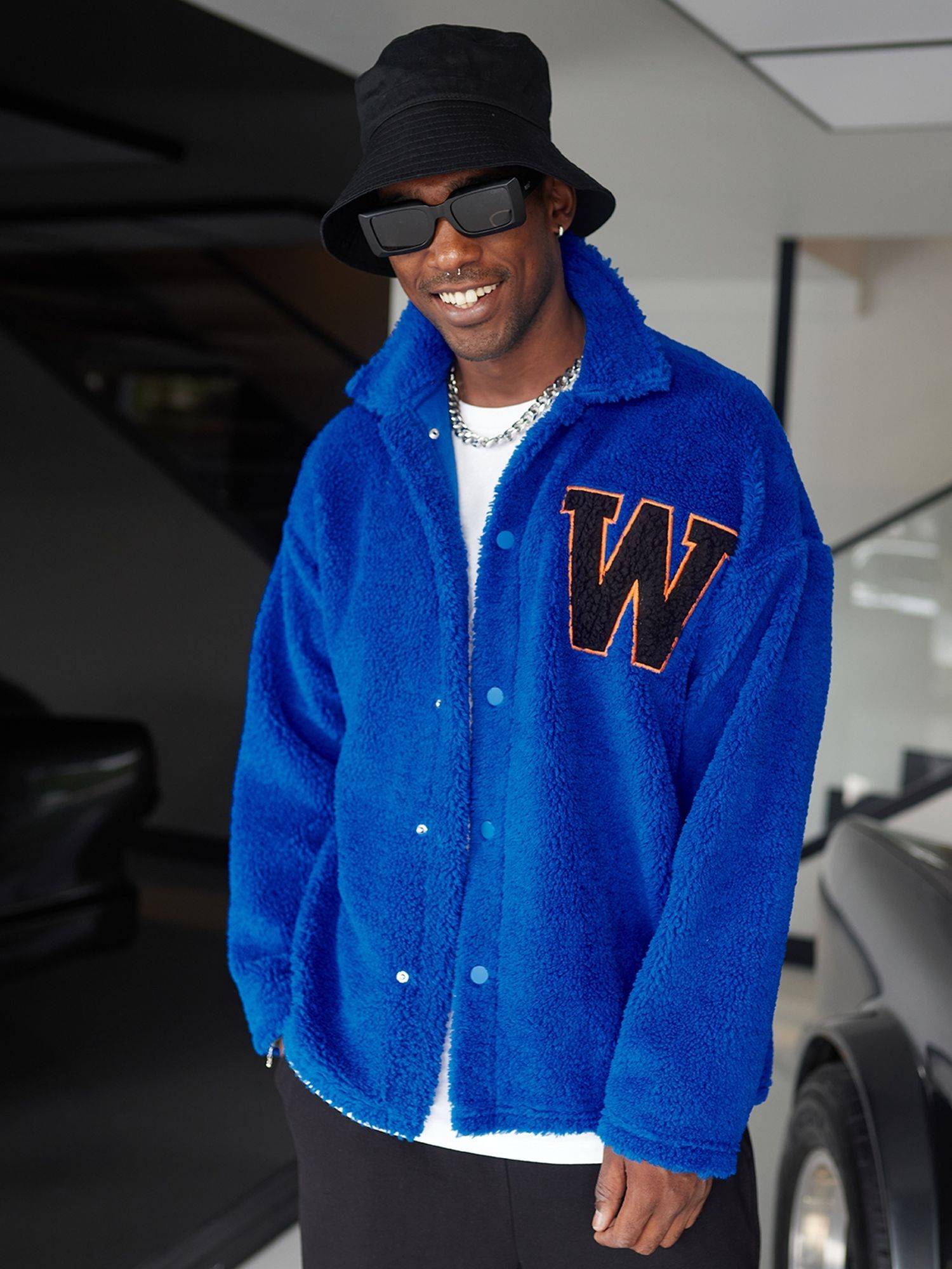 Ossy Homer Oversize Jacke Teddy W Shirt für Herren Teddyfell M Blau