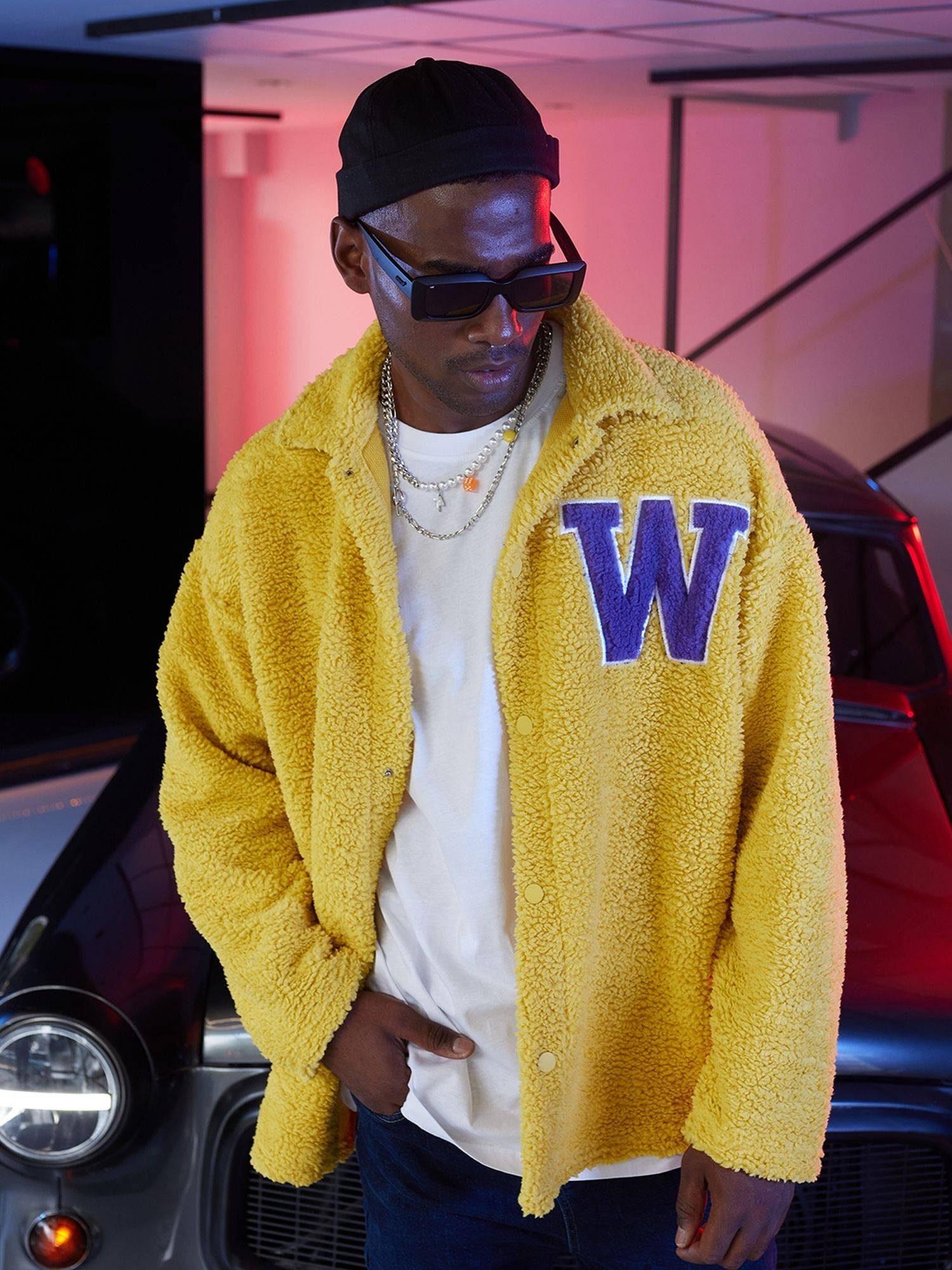 Ossy Homer Oversize Jacke Teddy W Shirt für Herren Teddyfell M Gelb