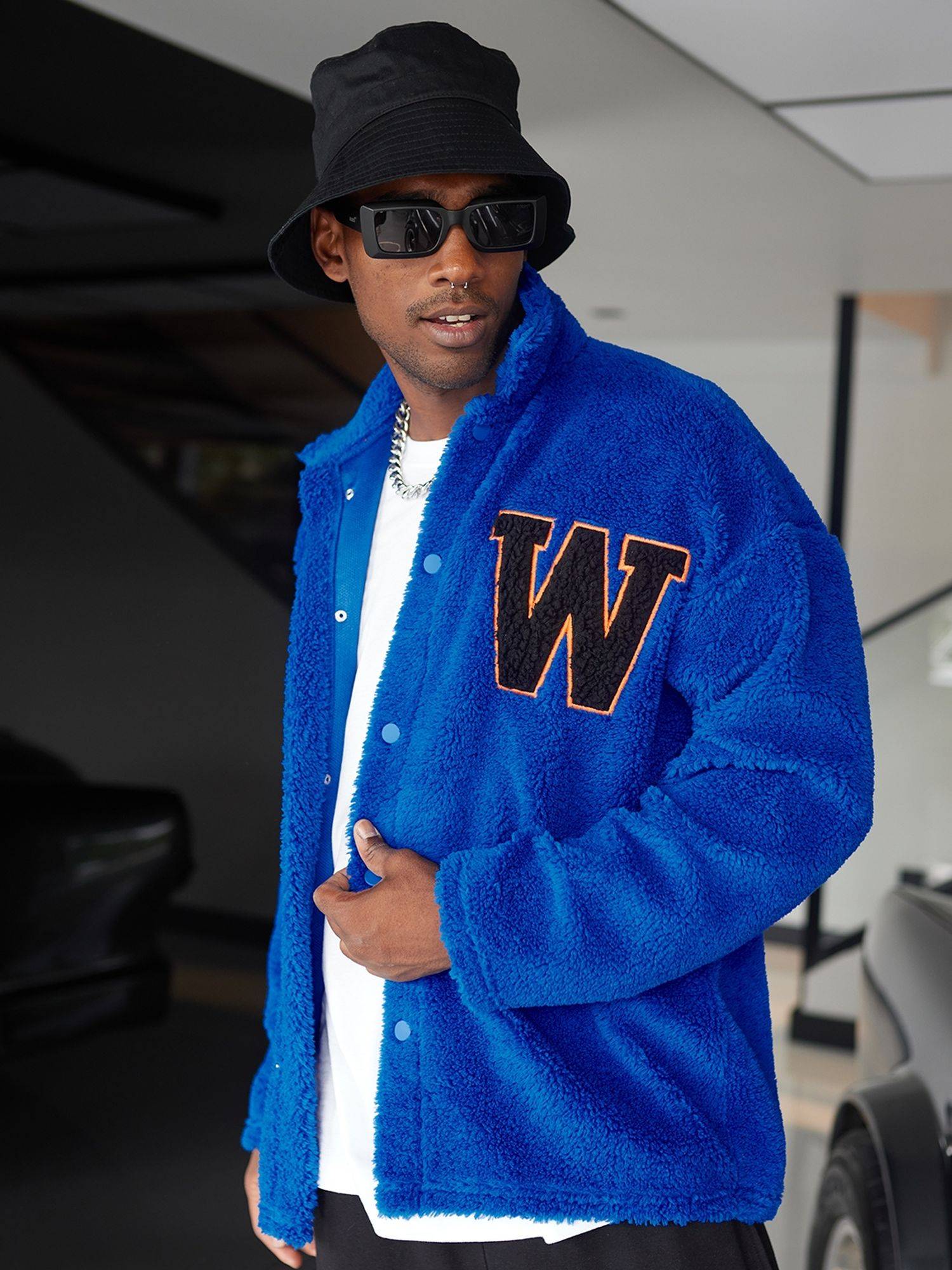 Ossy Homer Oversize Jacke Teddy W Shirt für Herren Teddyfell L Blau