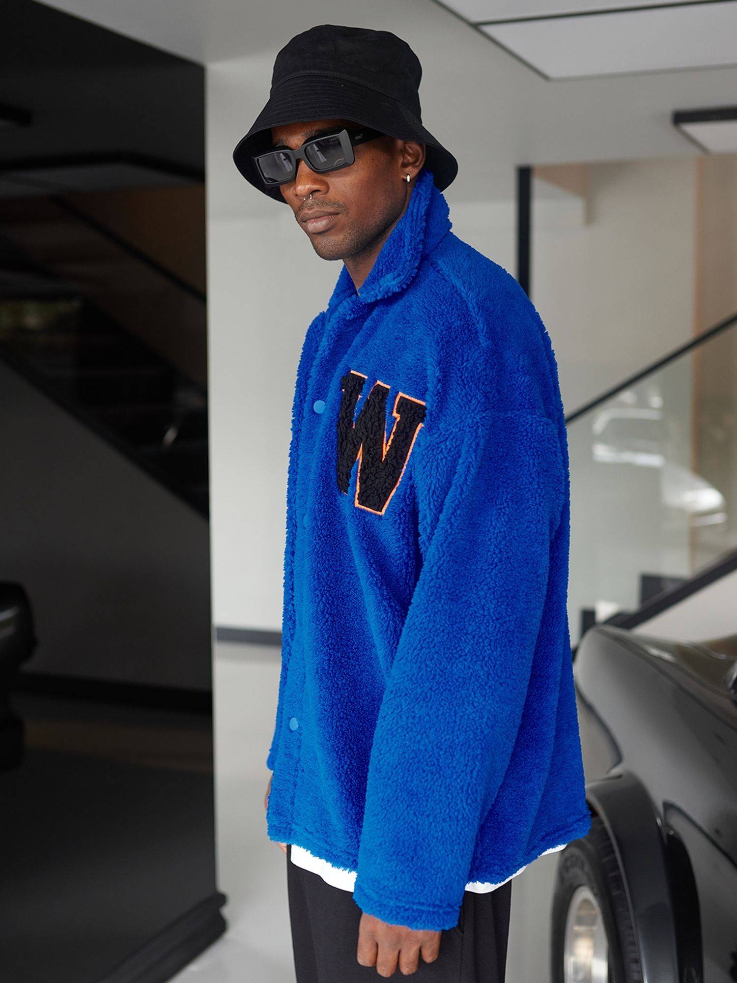 Ossy Homer Oversize Jacke Teddy W Shirt für Herren Teddyfell L Blau