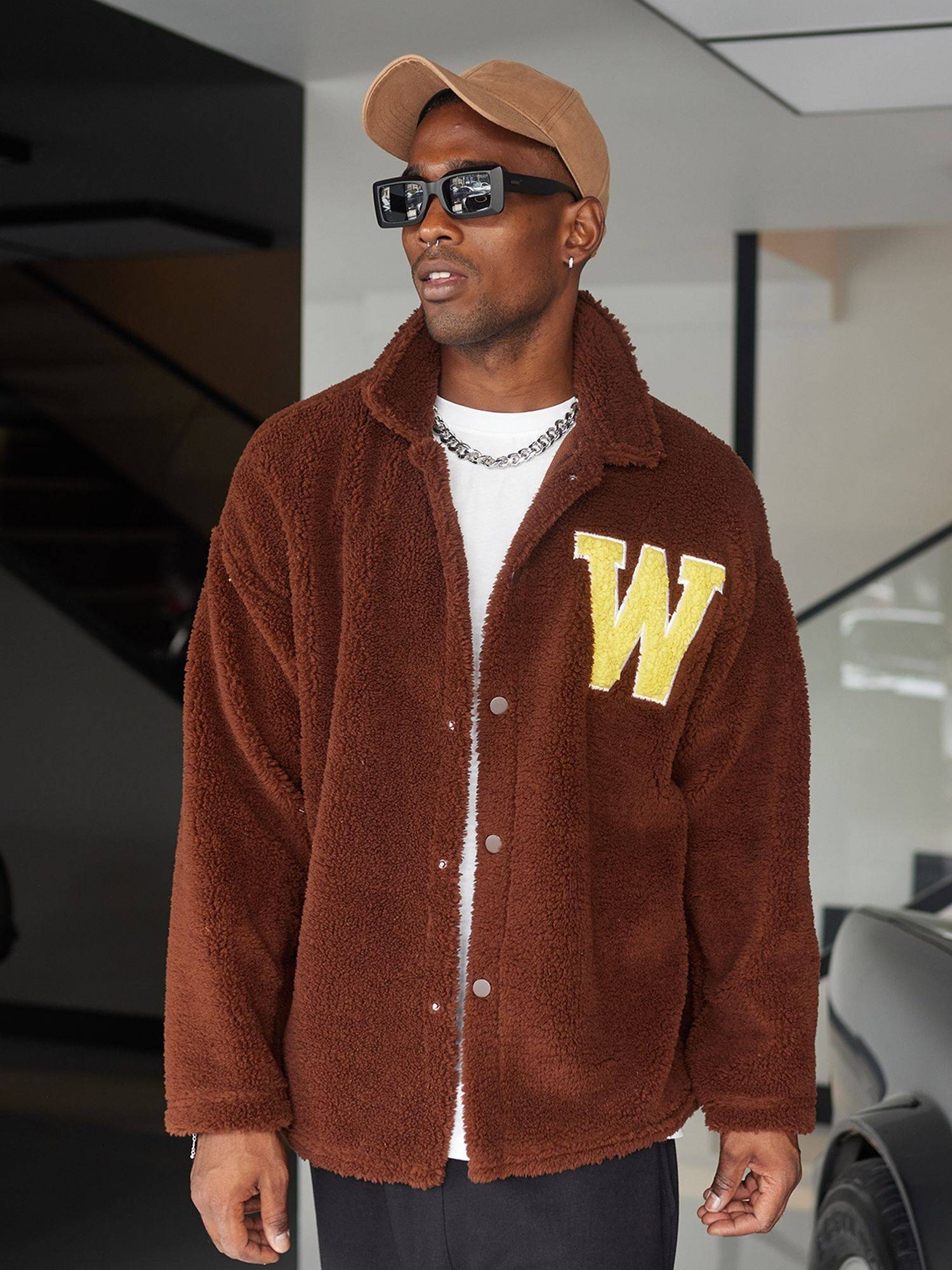 Ossy Homer Oversize Jacke Teddy W Shirt für Herren Teddyfell L Braun