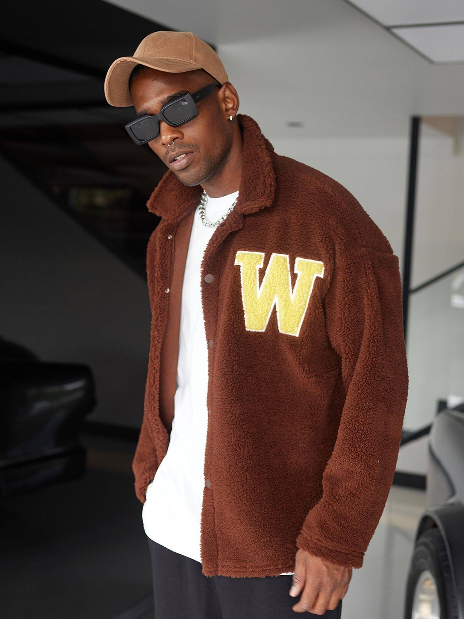 Ossy Homer Oversize Jacke Teddy W Shirt für Herren Teddyfell L Braun