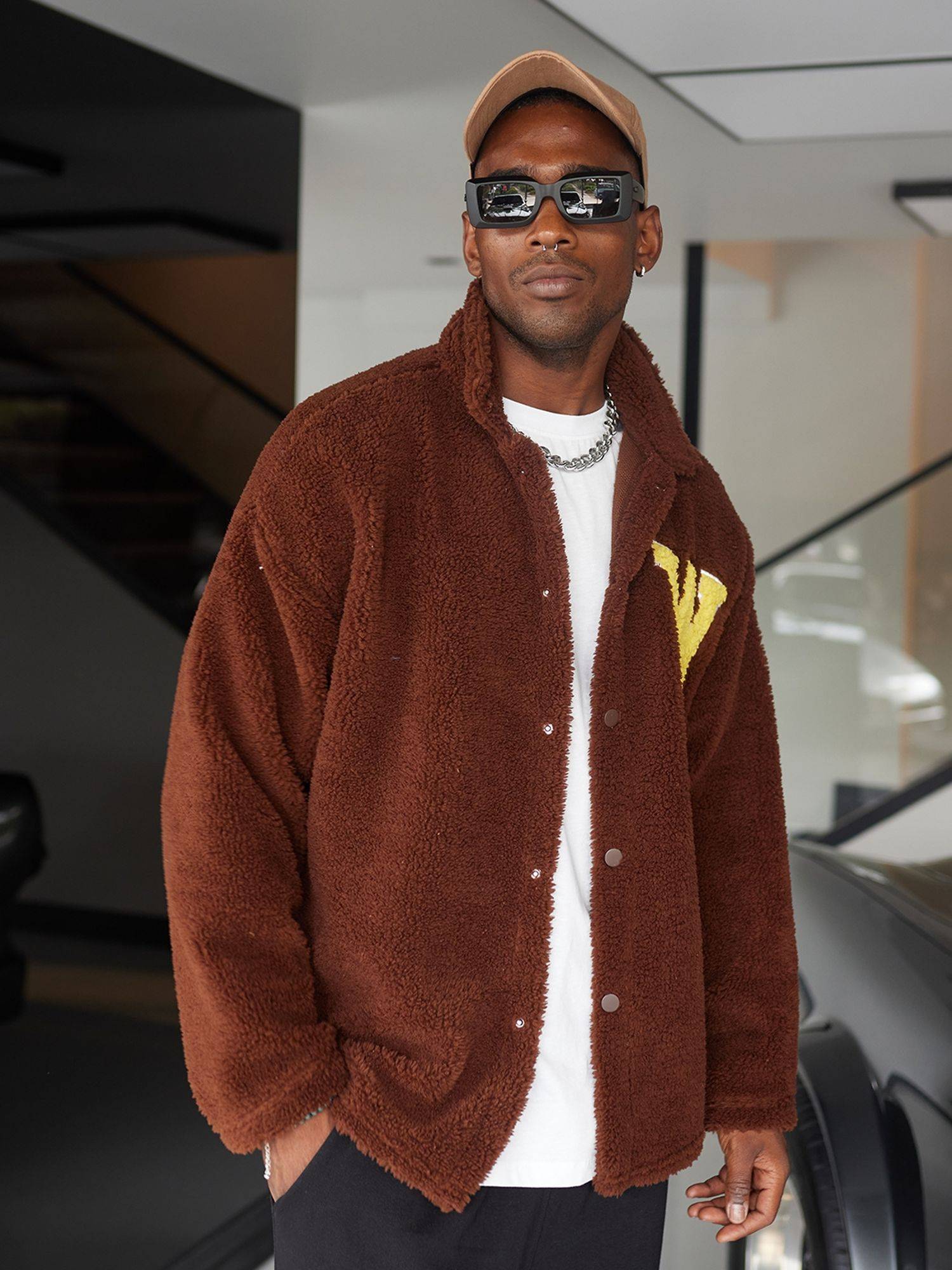 Ossy Homer Oversize Jacke Teddy W Shirt für Herren Teddyfell L Braun