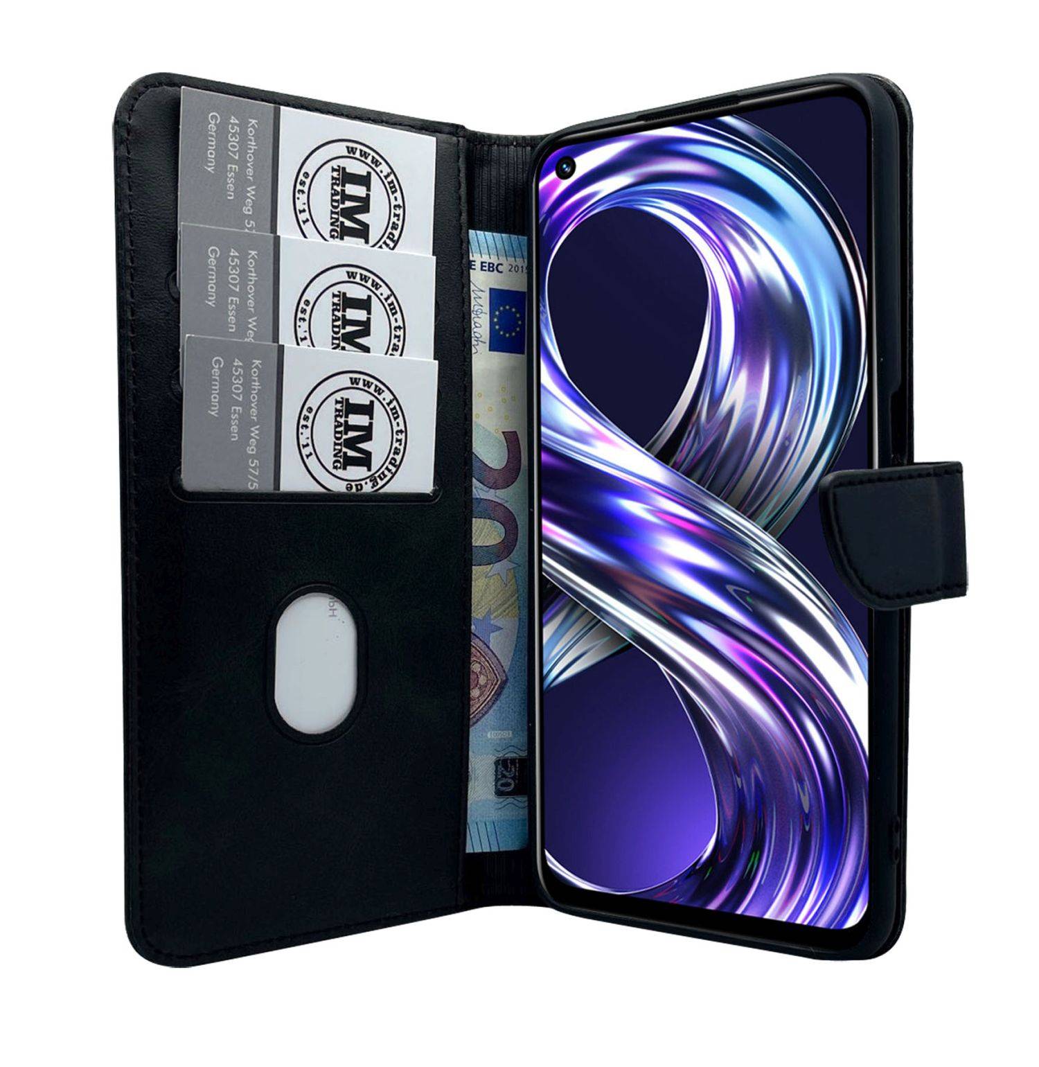 Buch Tasche "Smart" kompatibel mit Realme 8 / 8 Pro Handy Hülle Brieftasche mit Standfunktion, Kartenfach Schwarz