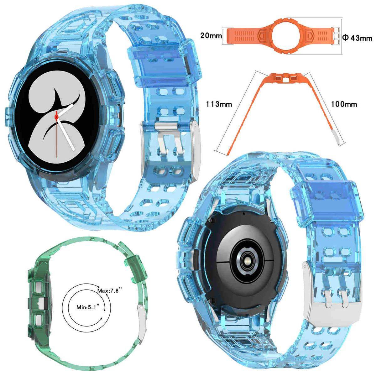 Für Samsung Galaxy Watch 4 44mm Kunststoff / Silikon Armband mit Gehäuse-Schutz Watch Uhr Hellblau Ersatz Arm Band