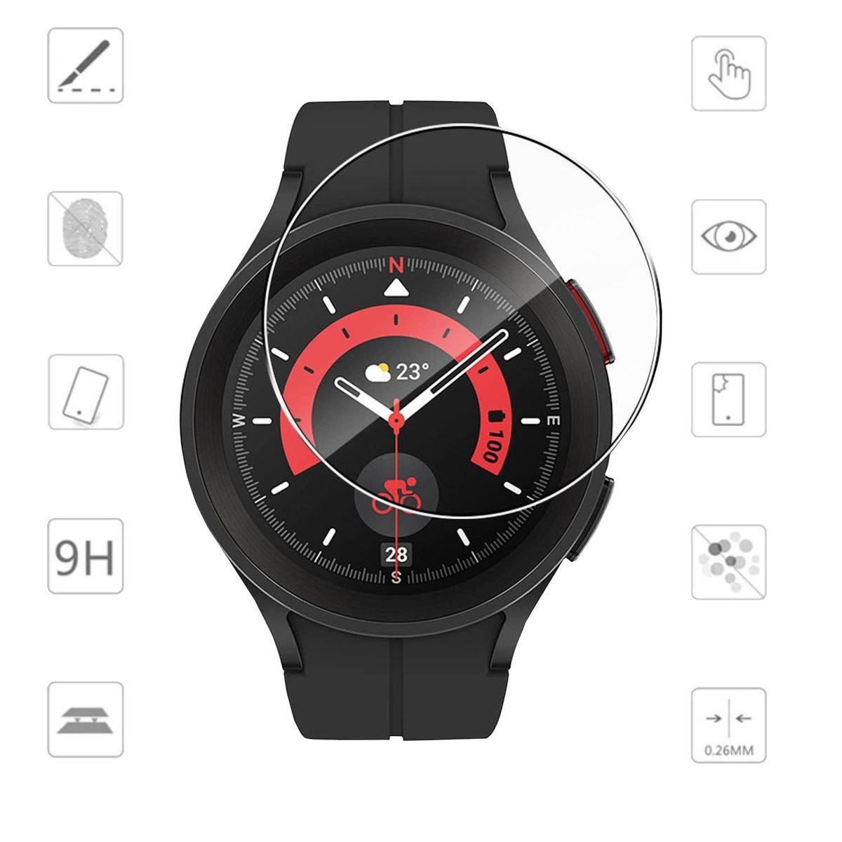 1x 0,26 mm H9 Hart Glas Schock Folie für Samsung Galaxy Watch 5 Pro Schutz Panzer Zubehör Glas Neu