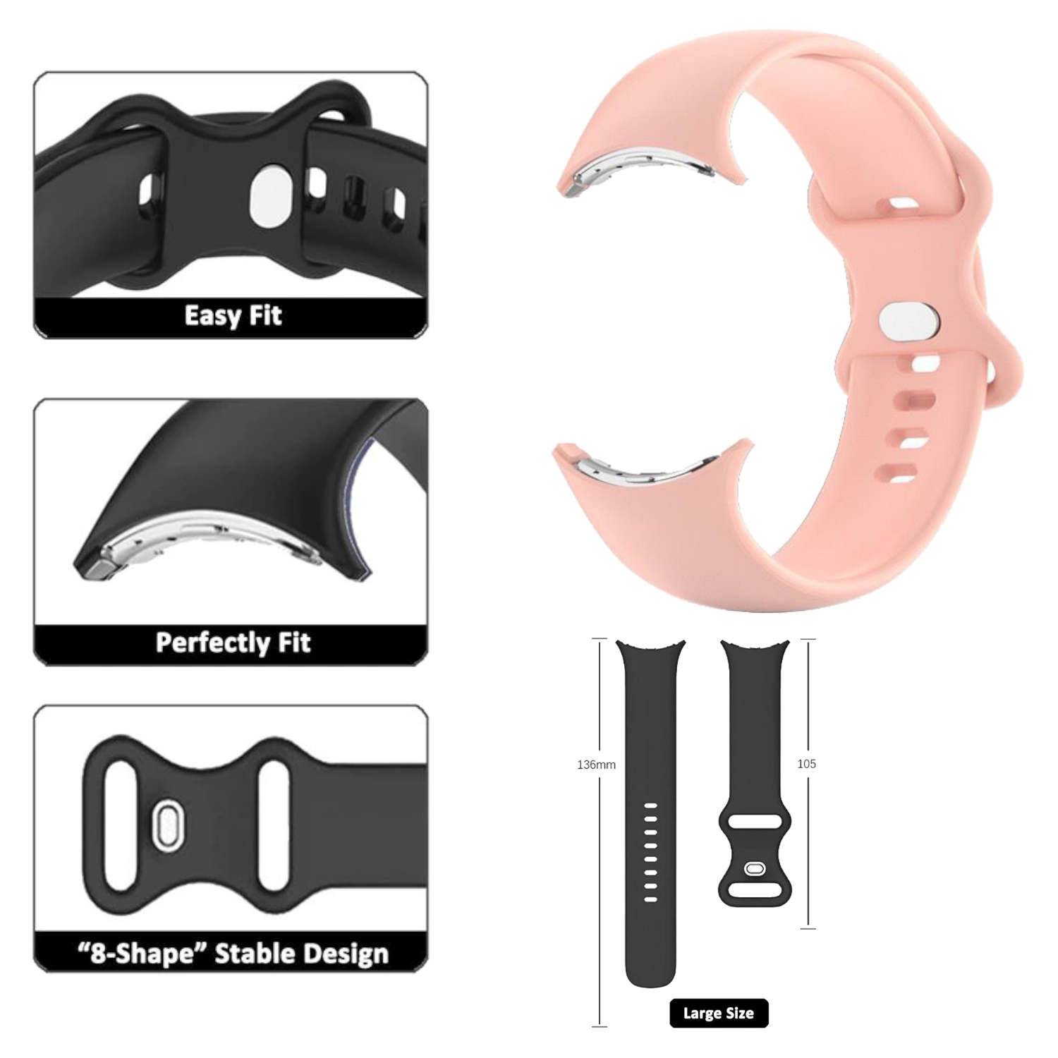 Für Google Pixel Watch 3 41mm / 2 / 1 Silikon Armband Größe L Uhr Rosa