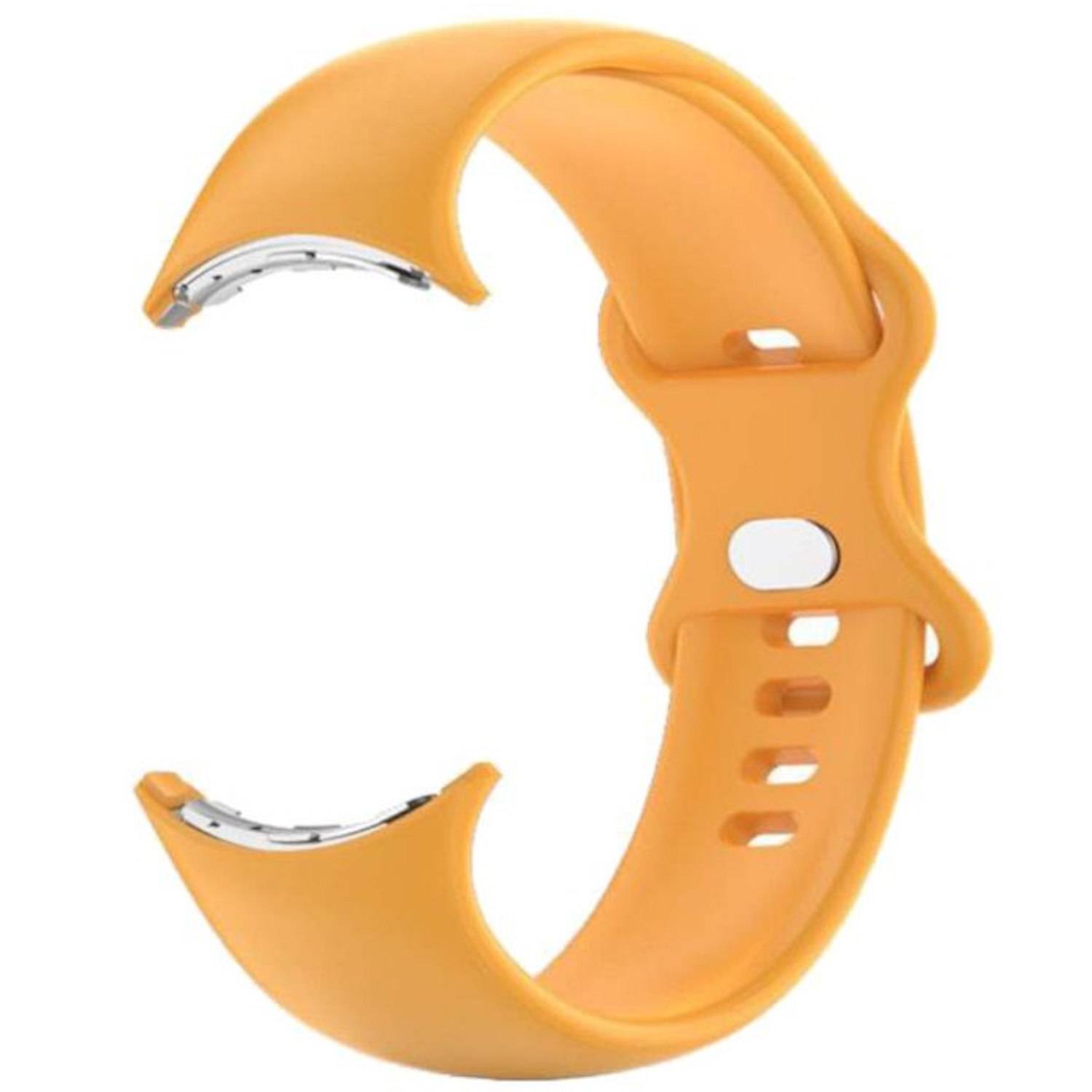 Oranges Silikon-Smartwatch-Armband mit Metallverschluss, isoliert auf weißem Hintergrund dargestellt.