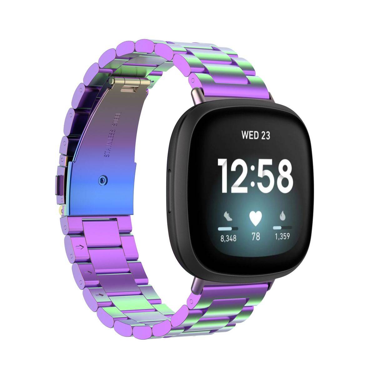 Für Fitbit Versa 4 + 3 / Sense 1 + 2 Stahl Metall Ersatz Armband Lila Smart Uhr