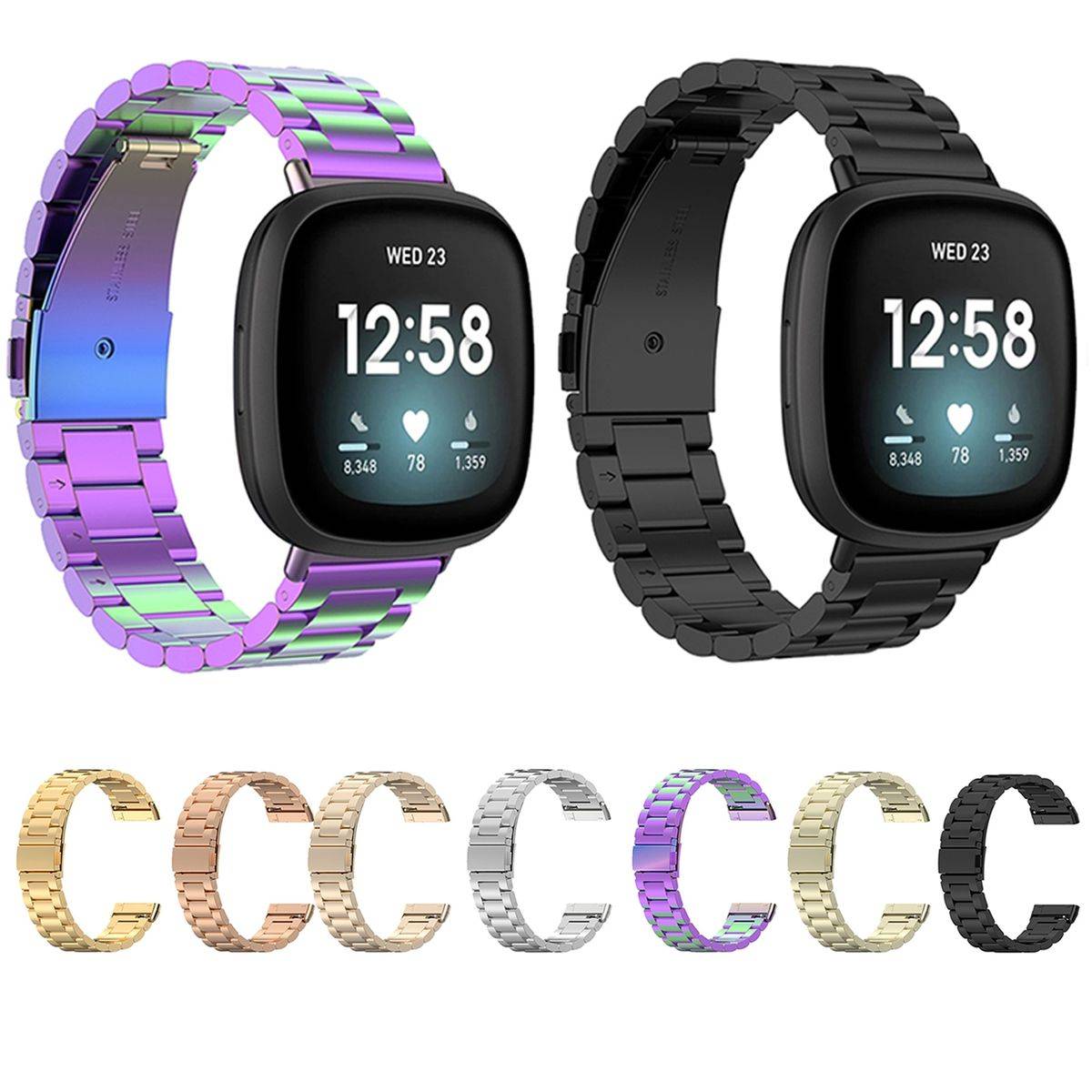 Für Fitbit Versa 4 + 3 / Sense 1 + 2 Stahl Metall Ersatz Armband Lila Smart Uhr