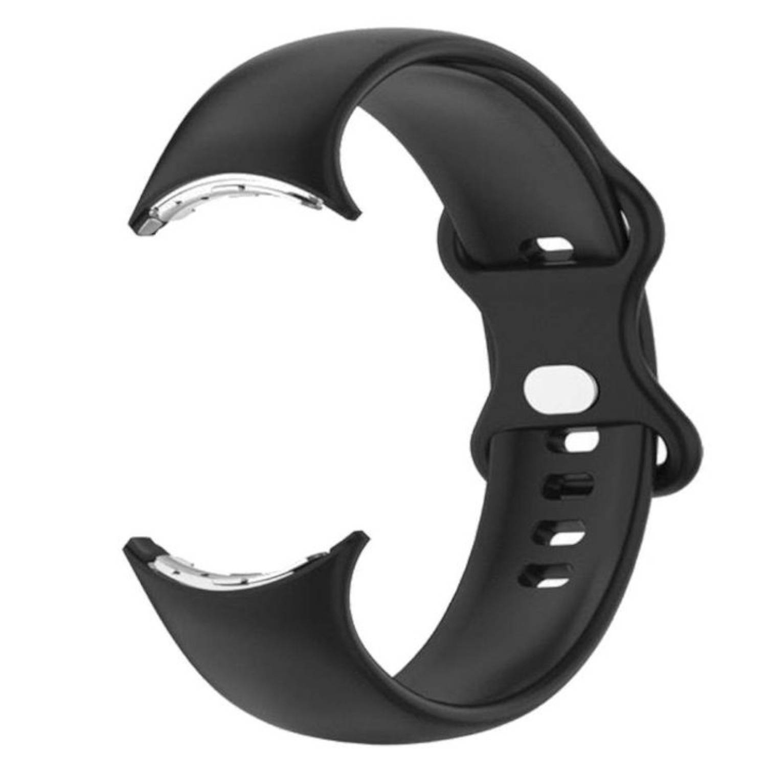 Schwarzes Smartwatch-Ersatzarmband mit offenen Endclips und verstellbaren Schnallenlöchern auf weißem Hintergrund