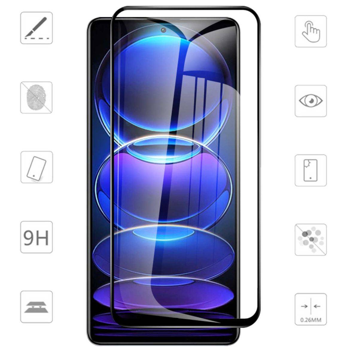 Für Xiaomi Poco X5 5G / Xiaomi Redmi Note 12 4G / 5G 3D Premium 0,3 mm H9 Hart Glas Schwarz Folie Schutz Hülle Neu