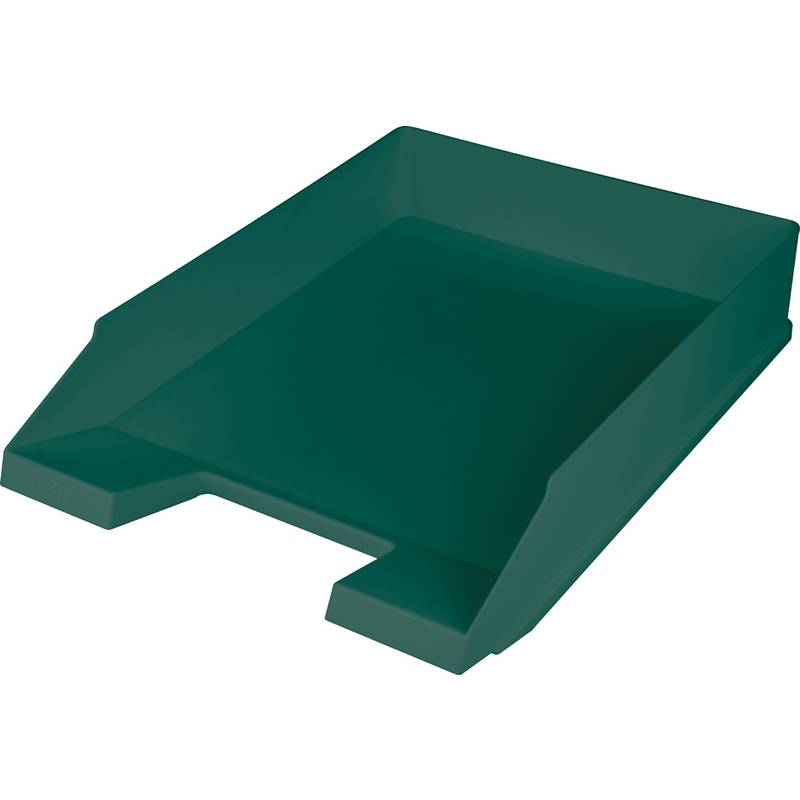 Grüne stapelbare Dokumentenablage, schräge Ansicht, verwendet zur Organisierung von Papieren auf einem Schreibtisch.