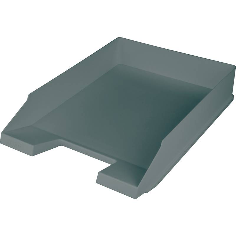 Ein grauer, schräg gestellter Dokumentenablage, die zum Organisieren von Papieren auf einem Schreibtisch entwickelt wurde.