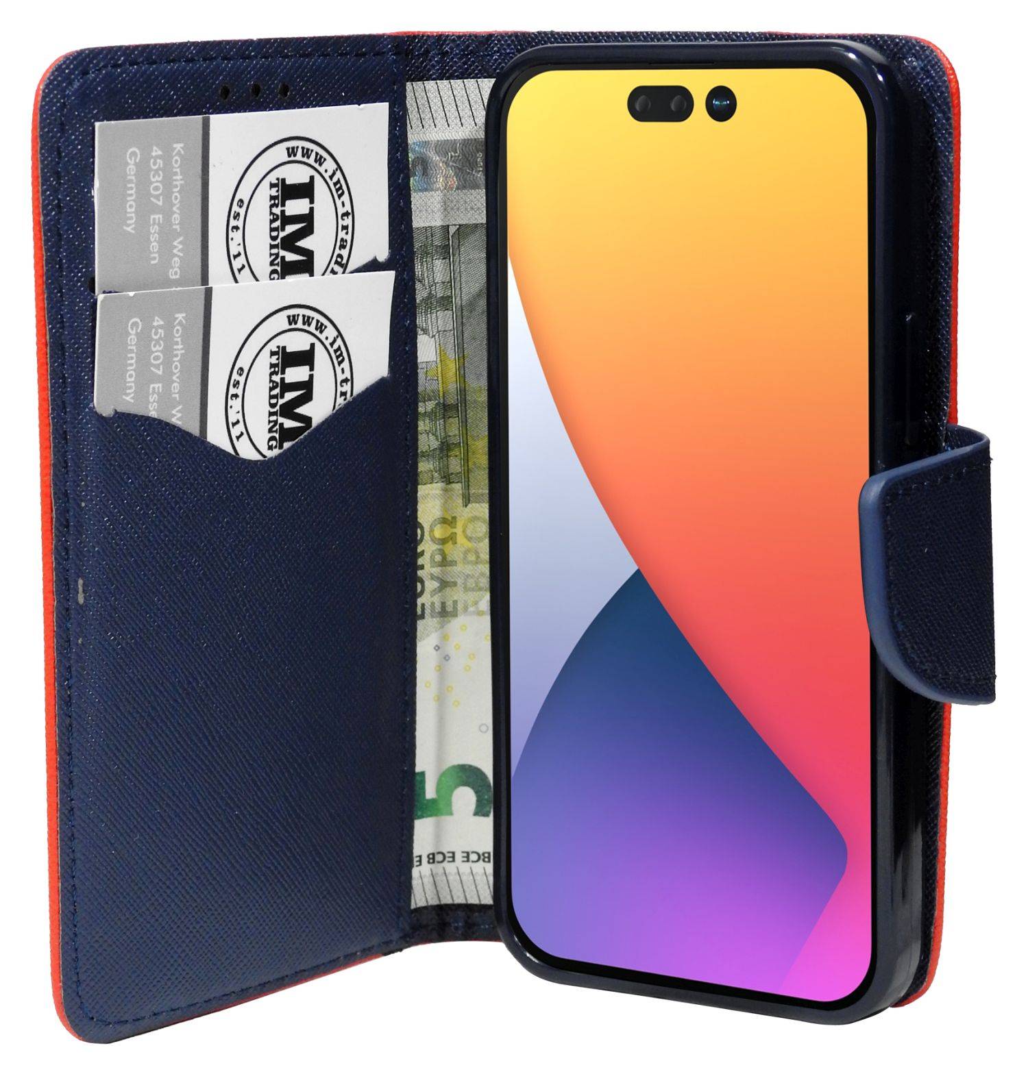 Buch Tasche "Fancy" kompatibel mit iPhone 14 Pro Handy Hülle Schutzhülle mit Standfunktion, Kartenfach Rot-Blau