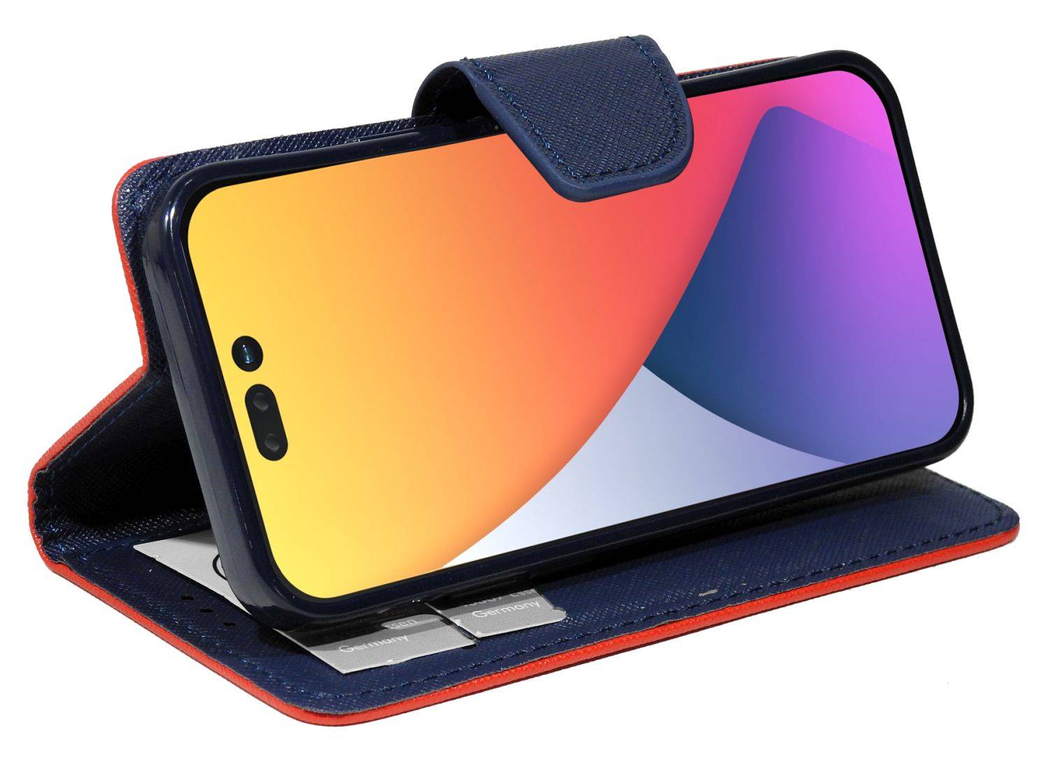 Buch Tasche "Fancy" kompatibel mit iPhone 14 Pro Handy Hülle Schutzhülle mit Standfunktion, Kartenfach Rot-Blau
