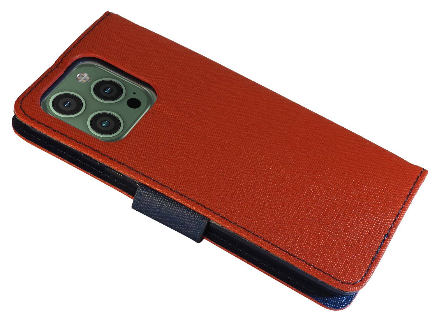 Buch Tasche "Fancy" kompatibel mit iPhone 14 Pro Handy Hülle Schutzhülle mit Standfunktion, Kartenfach Rot-Blau
