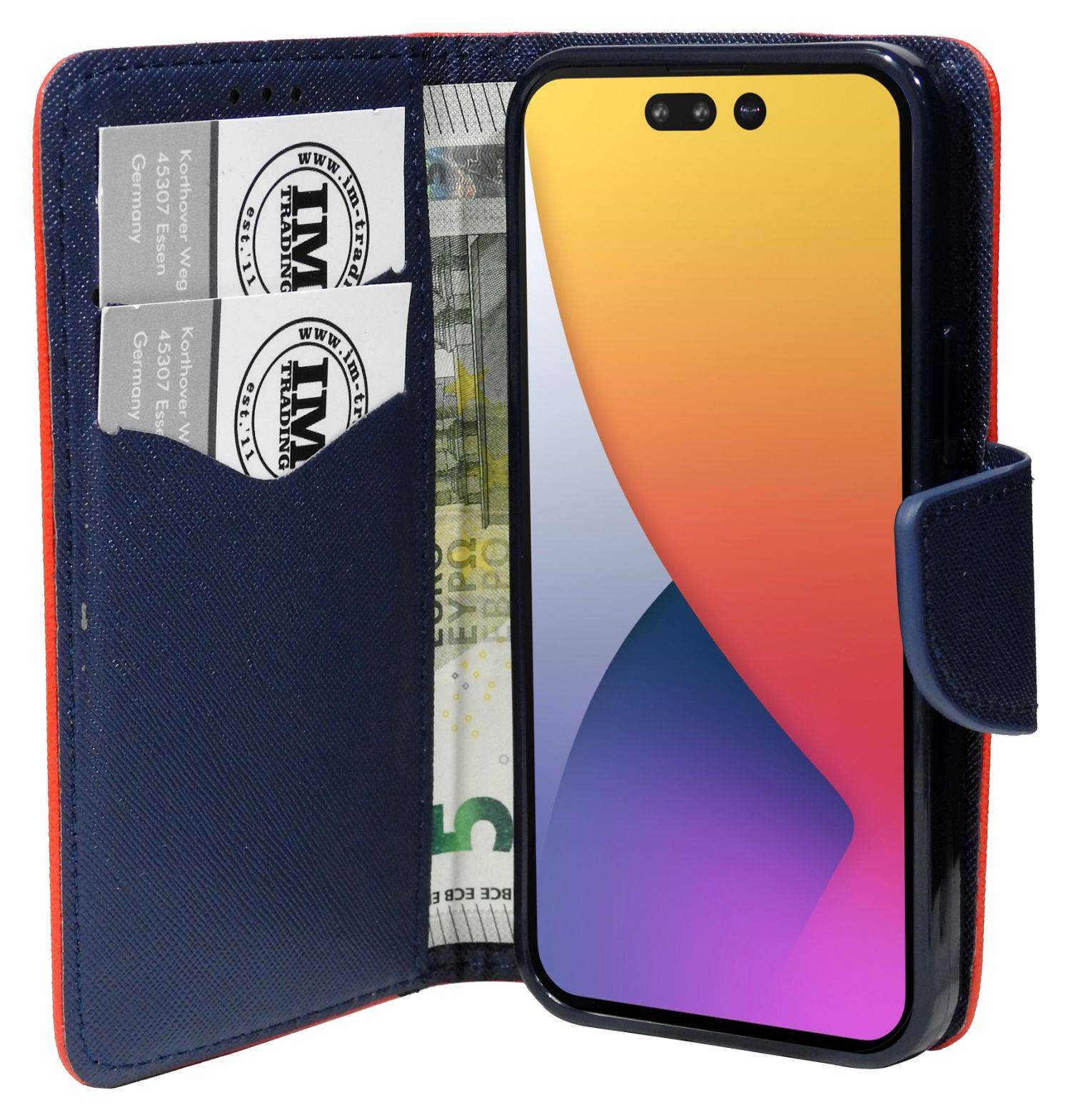 Buch Tasche "Fancy" kompatibel mit iPhone 14 Handy Hülle Schutzhülle mit Standfunktion, Kartenfach Rot-Blau