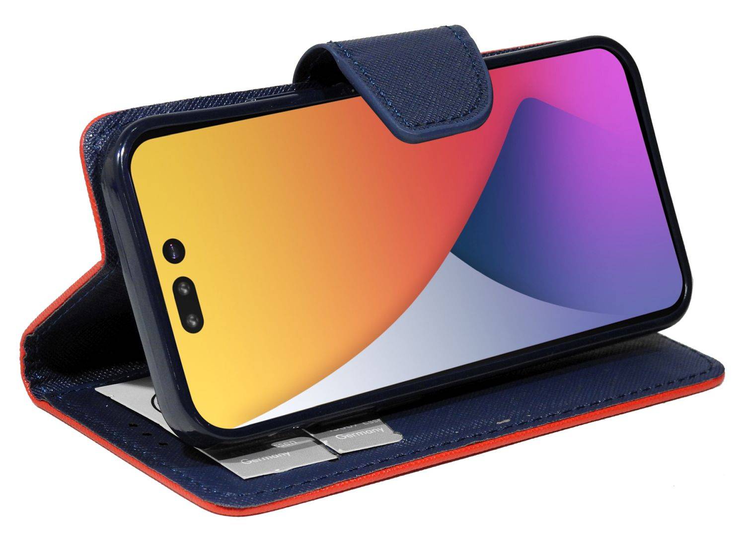 Buch Tasche "Fancy" kompatibel mit iPhone 14 Handy Hülle Schutzhülle mit Standfunktion, Kartenfach Rot-Blau