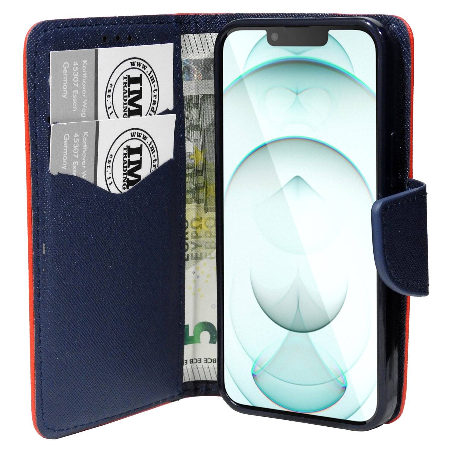 Buch Tasche "Fancy" kompatibel mit iPhone 14 Plus Handy Hülle Schutzhülle mit Standfunktion, Kartenfach Rot-Blau