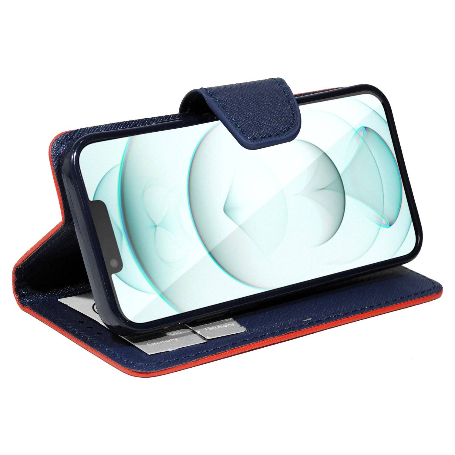 Buch Tasche "Fancy" kompatibel mit iPhone 14 Plus Handy Hülle Schutzhülle mit Standfunktion, Kartenfach Rot-Blau