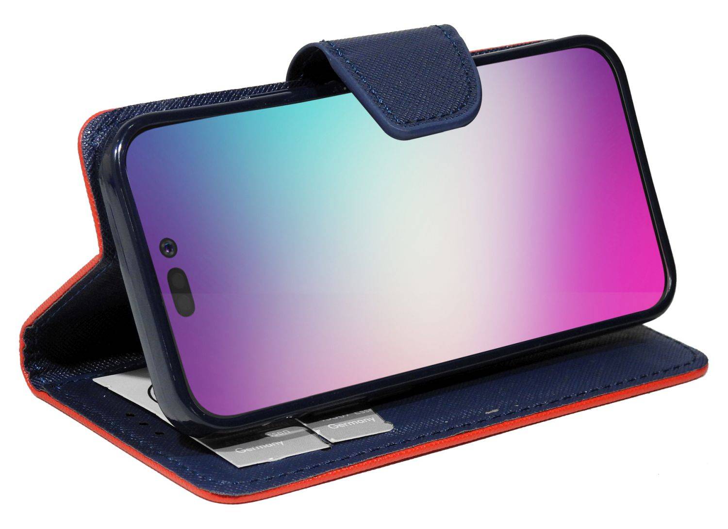Buch Tasche "Fancy" kompatibel mit iPhone 14 Pro Max Handy Hülle Schutzhülle mit Standfunktion, Kartenfach Rot-Blau