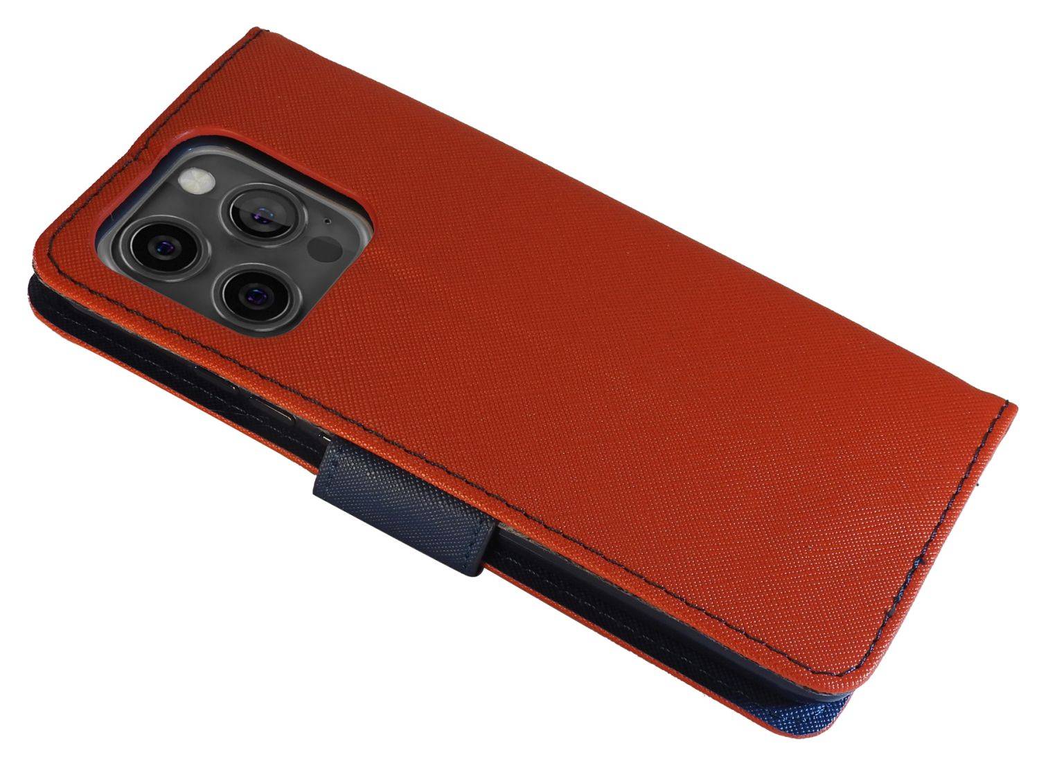 Buch Tasche "Fancy" kompatibel mit iPhone 14 Pro Max Handy Hülle Schutzhülle mit Standfunktion, Kartenfach Rot-Blau