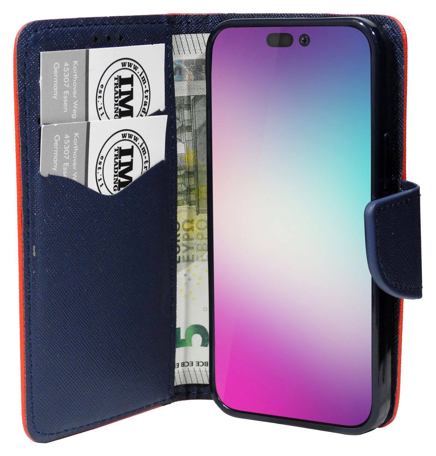 Buch Tasche "Fancy" kompatibel mit iPhone 14 Pro Max Handy Hülle Schutzhülle mit Standfunktion, Kartenfach Rot-Blau