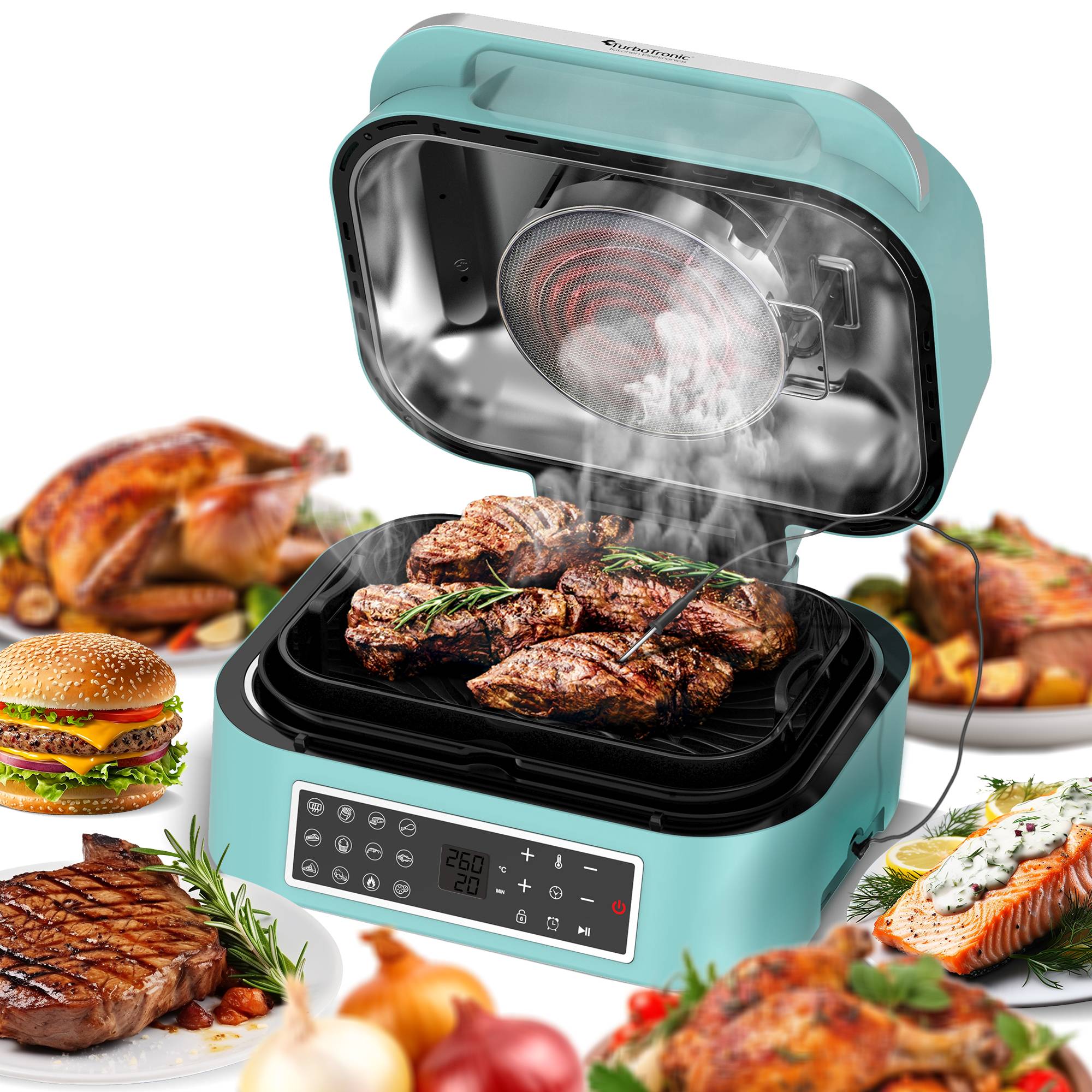 Grill und Heißluftfritteuse TurboAir 1800W, bis zu 6,5 L Volumen mit digitalem Temperaturfühler & Knusperplatte Fleischthermometer Elektrogrill Tisc