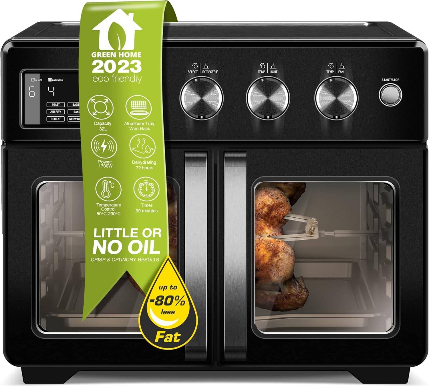 TurboTronic digitaler Heißluftofen - XXL 32 Liter mit Drehspieß 4in1 Mini Backofen & Power Heißluftfritteuse Airfryer schwarz