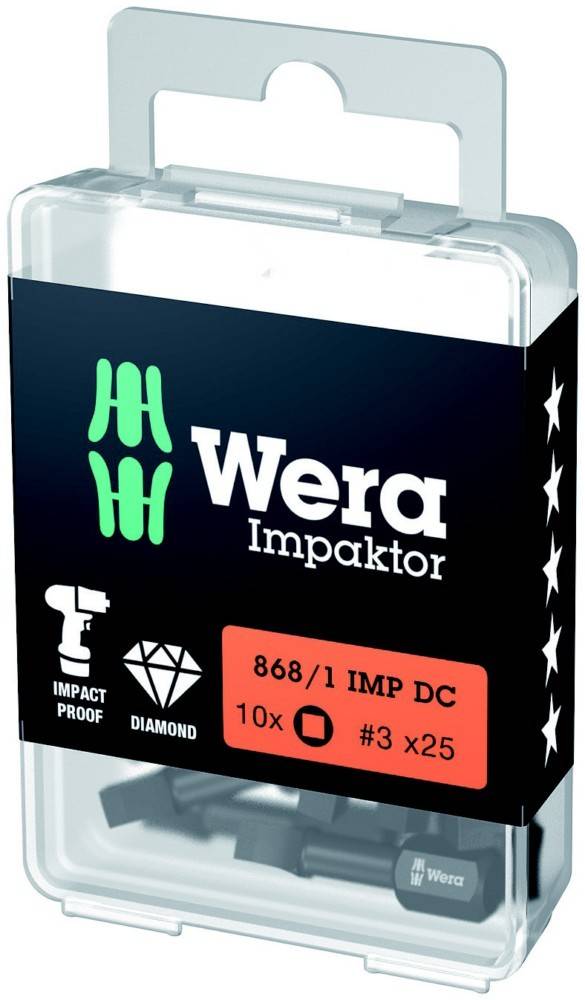 Transparenter Kunststoffbehälter mit Wera Impaktor-Schrauberbits, beschriftet mit „868/1 IMP DC 10x #3 x25
