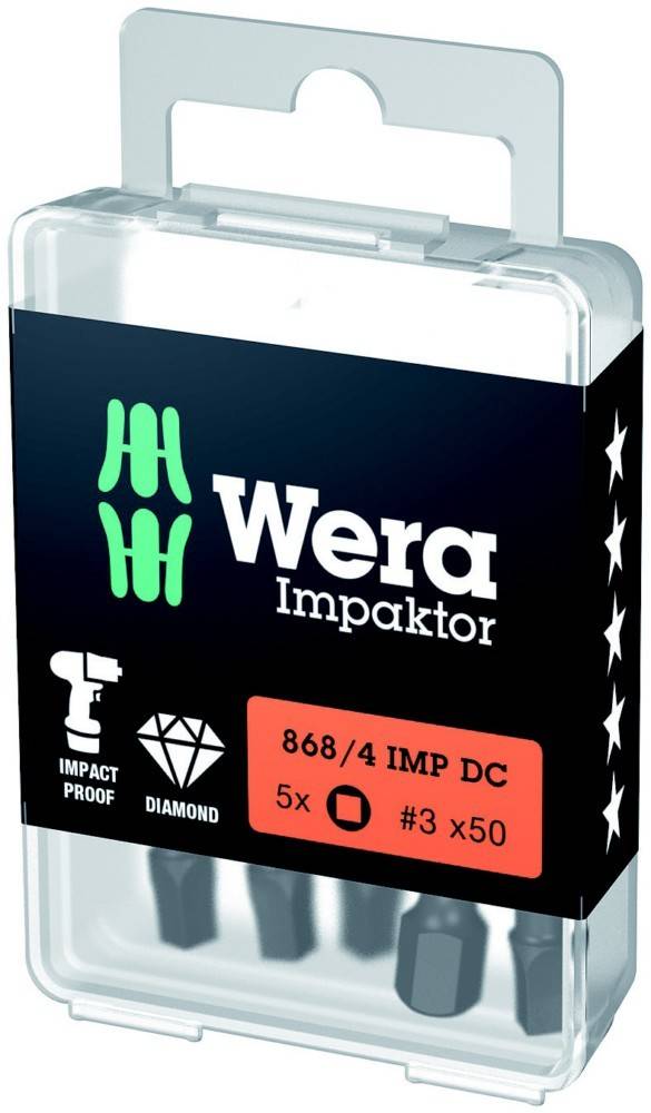 Durchsichtige Kunststoffbox mit Wera Impaktor Bohrern, beschriftet mit 'Wera Impaktor' und '868/4 IMP DC 5x #3 x50', mit Schlagfest- und Diamantensymbolen.