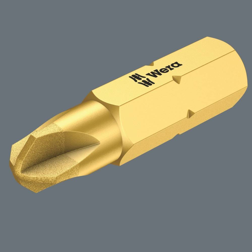 Goldfarben beschichteter Schraubendreher-Bit mit 'wera' Logo auf grauem Hintergrund, entwickelt für präzise Befestigungsaufgaben.