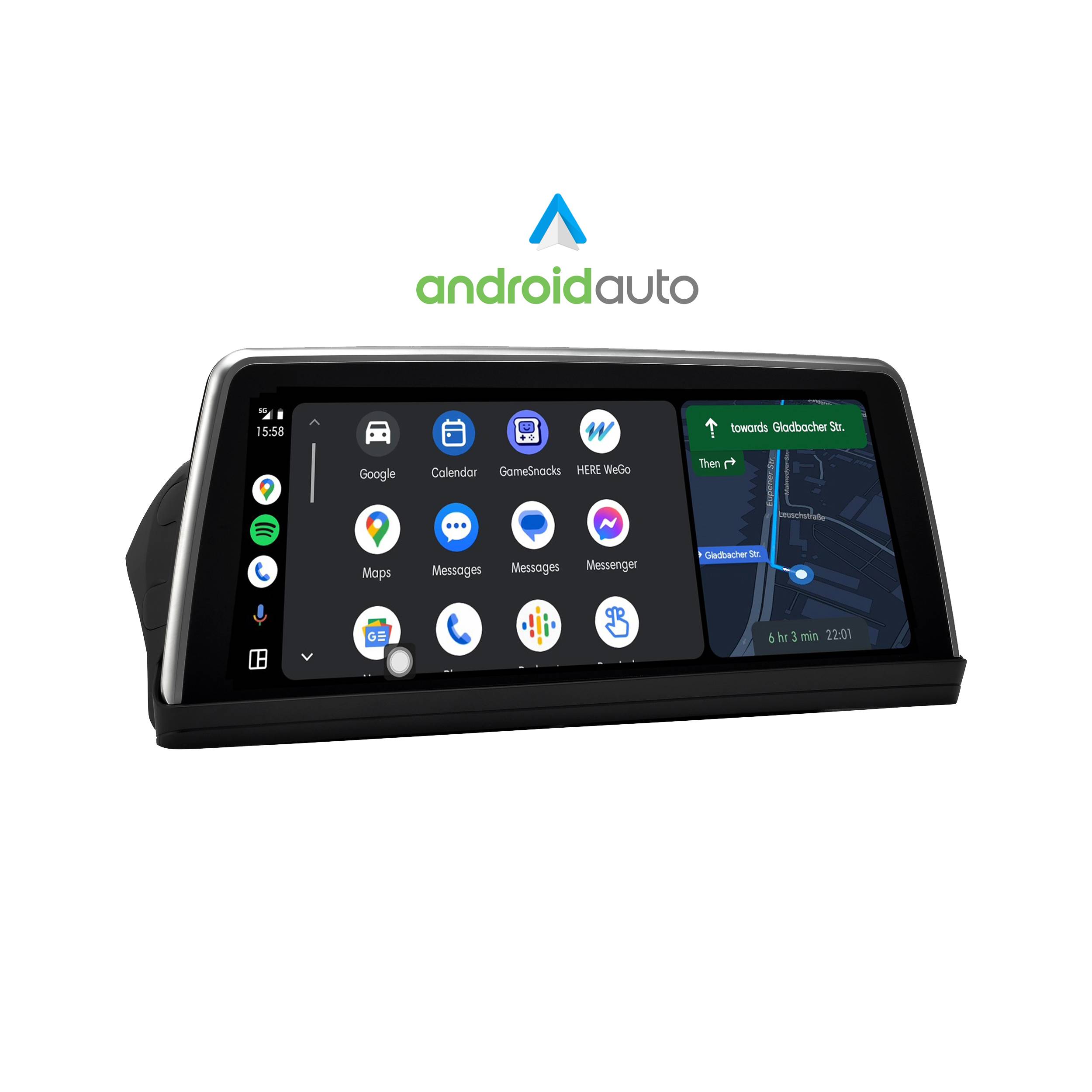 Autodisplay mit Android Auto-Schnittstelle, Navigationskarte auf der rechten Seite und App-Symbole auf der linken Seite, unter dem Text „Android Auto